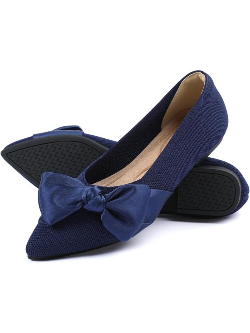 Women's Navy Blue Comfortable Pointed Toe Bow Casual Slip On Ballet Flat Shoes